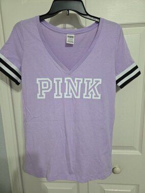 PINK by VICTORIA'S SECRET JERSEY SHIRT TOP SMALL  STRIPED SLEEVES V~NECK